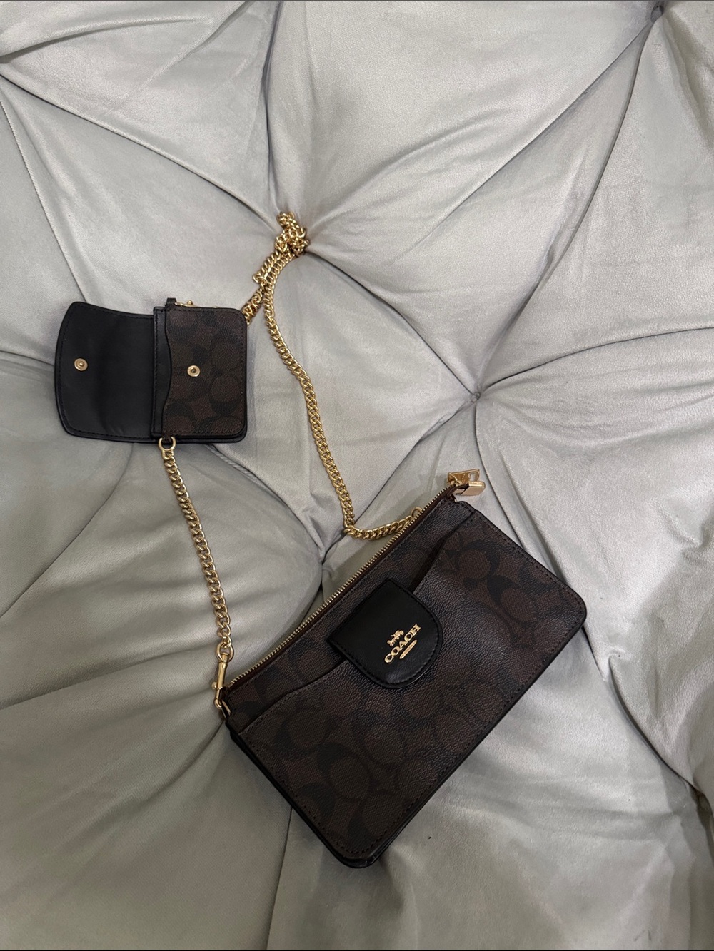 Coach Dark Brown Signature Chain Crossbody Wallet
